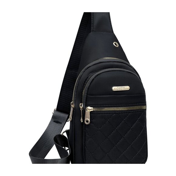 Small Quilted Crossbody Sling Backpack With Multi-Pockets & Headphone Port - Bla - Picture 3 of 11